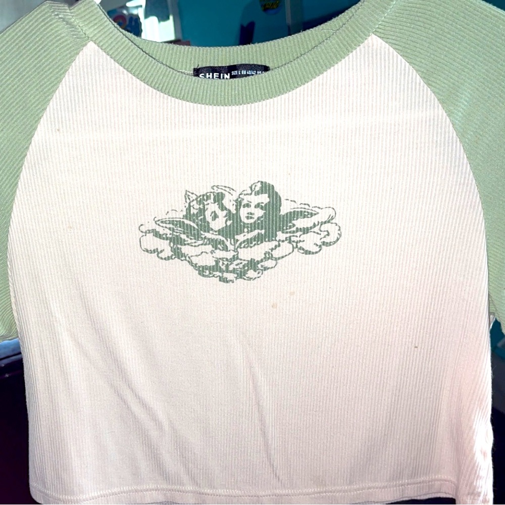 Shein, Sage green and white, angel tee cropped